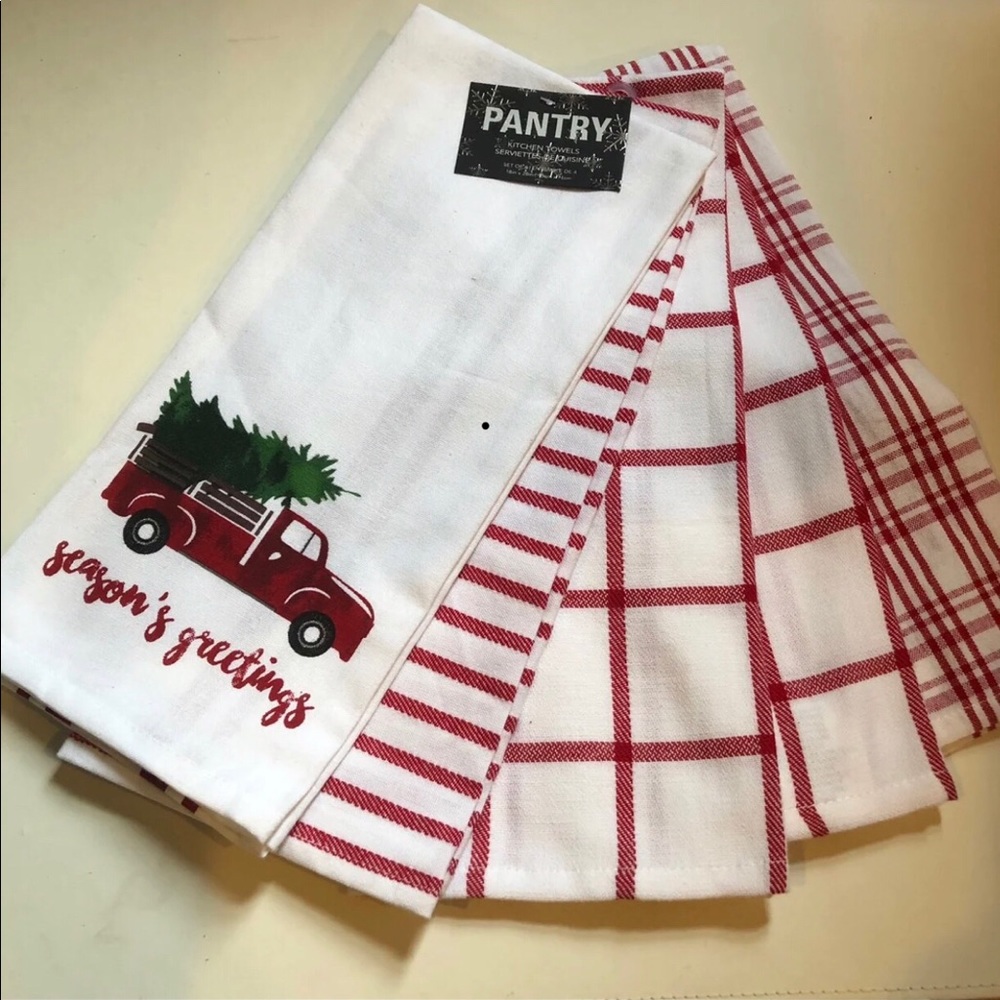 New Kitchen Towel Set Season’s Greetings Set 4 red white Holiday